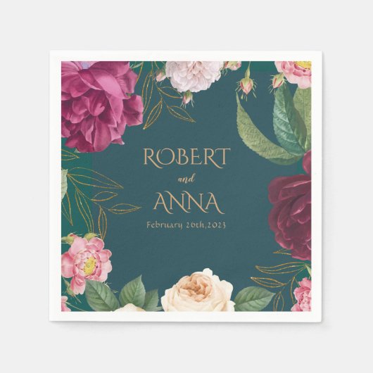 エメラルドグリーンと金ゴールド結婚フローラのナプキン スタンダードカクテルナプキン (正面)