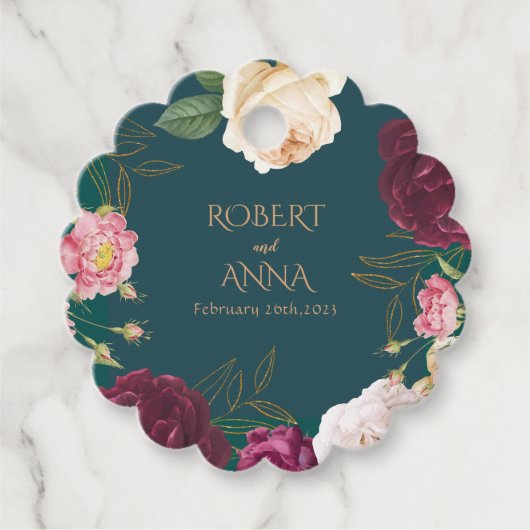 エメラルドグリーンと金ゴールド結婚フローラ フェイバータグ (正面)