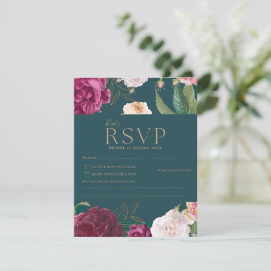 エメラルドグリーンと金ゴールド結婚フローラ 出欠カード (スタンド正面)