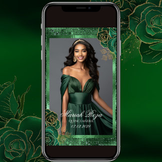 エメラルドグリーンと金ゴールド誕生日フォト招待状 招待状