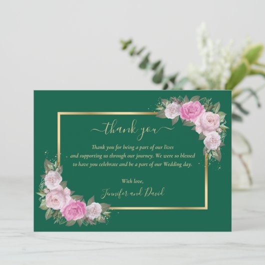 エメラルドグリーンと金ゴールド赤面フローラサンキューカード サンキューカード (スタンド正面)