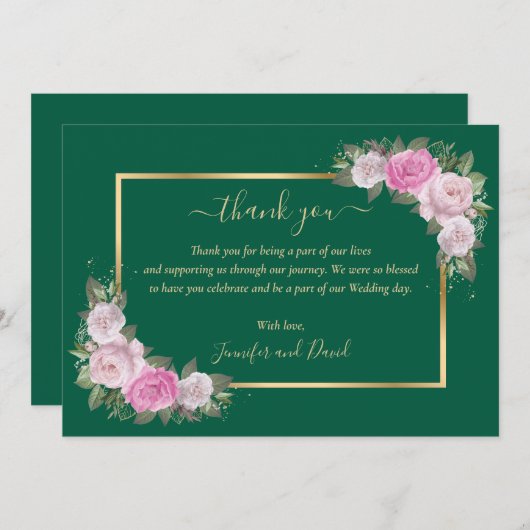エメラルドグリーンと金ゴールド赤面フローラサンキューカード サンキューカード (正面/裏面)