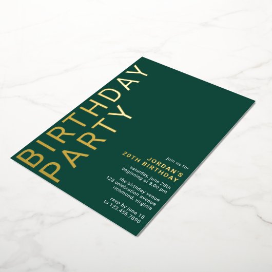 エメラルドグリーンと金ゴールド |エレガント任意の年齢の誕生日 箔招待状 (回転した状態)