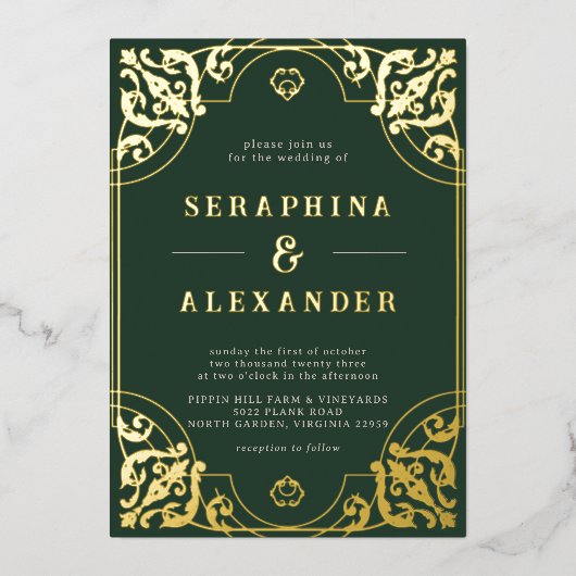 エメラルドグリーンと金ゴールド |ヴィンエレガントテージ結婚式 箔招待状 (正面)