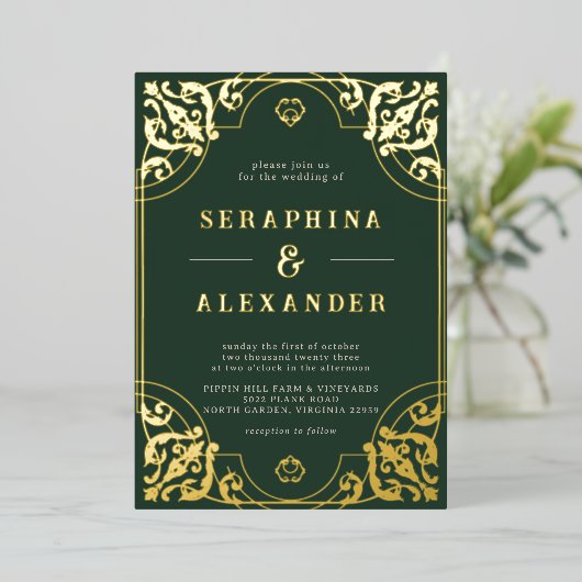 エメラルドグリーンと金ゴールド |ヴィンエレガントテージ結婚式 箔招待状 (立ち正面)