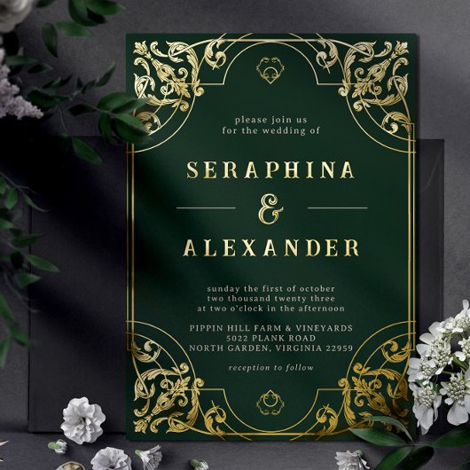 エメラルドグリーンと金ゴールド |ヴィンエレガントテージ結婚式 箔招待状