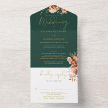 エメラルドグリーンにゴールドの装飾が施されたフローラルモチーフの結婚式RSVP