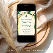 エメラルドグリーンのアイボリーの花柄オールインワンシーク婚礼招待状 招待状