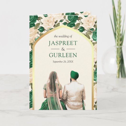エメラルドグリーンのアイボリーの花柄オールインワンシーク婚礼招待状 招待状 (正面)