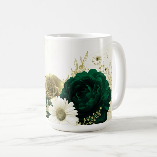 エメラルドグリーンのアイボリーゴールドの花のウェディング コーヒーマグカップ (正面右)