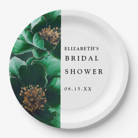 エメラルドグリーンのエレガントなモダンな花のデザインのブライズシャワーパーティー ペーパープレート (正面)