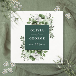 エメラルドグリーンのエレガントな花柄のウェディングナプキン スタンダードカクテルナプキン