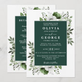 エメラルドグリーンのエレガントな花柄オールインワン結婚式 招待状 (正面/裏面)