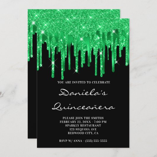 エメラルドグリーンのグリッター箔が黒いクイーンセニョーラに滴る 招待状 (正面/裏面)