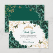 エメラルドグリーンのゴールドの花のキンセアニエラ サンキューカード (正面/裏面)