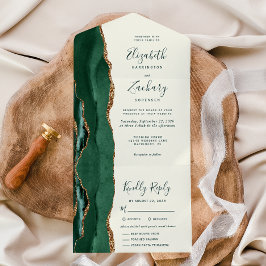 エメラルドグリーンのゴールドアイボリーウェディング食事オプション オールインワン招待状