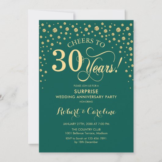 エメラルドグリーンのゴールドサプライズ 30周年パーティー 招待状 (正面)