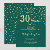 エメラルドグリーンのゴールドサプライズ 30周年パーティー 招待状 (正面/裏面)