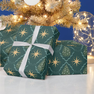 エメラルドグリーンのゴールドスターのクリスマスオーナメント ラッピングペーパー