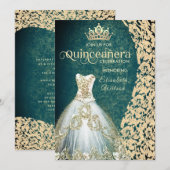 エメラルドグリーンのゴールドドレスとダマスクのティアラを纏ったキンセアニェラ 招待状 (正面/裏面)
