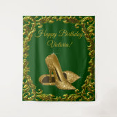 エメラルドグリーンのゴールドハイ ヒール誕生日 L バックドロップ タペストリー (正面)