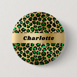 エメラルドグリーンのゴールドヒョウ柄 チェタパターン 名前 缶バッジ