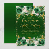 エメラルドグリーンのゴールドフラル・キンセアニエラ・スイート15 招待状 (正面/裏面)