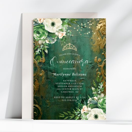 エメラルドグリーンのゴールドフラワーのQuinceañera 招待状
