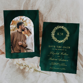 エメラルドグリーンのゴールドリーフブランチの結婚式写真 セーブザデート