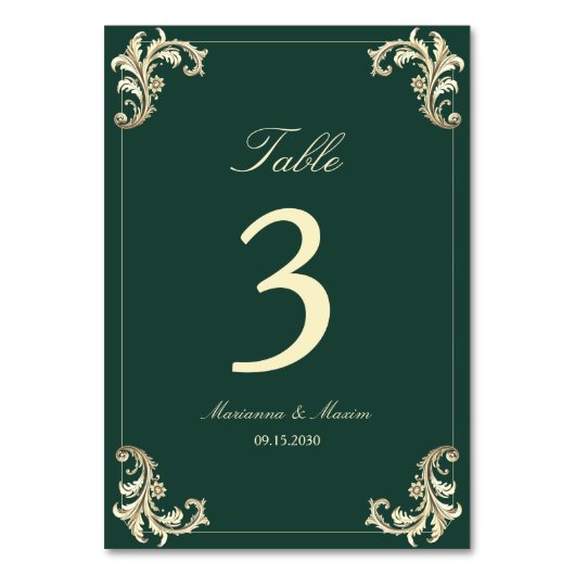 エメラルドグリーンのゴールド バロックスタイルのウェディング テーブルナンバー (裏面)