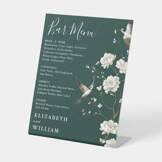 エメラルドグリーンのシノワズリーフラワーバー メニュー結婚式 台座サイン (正面)