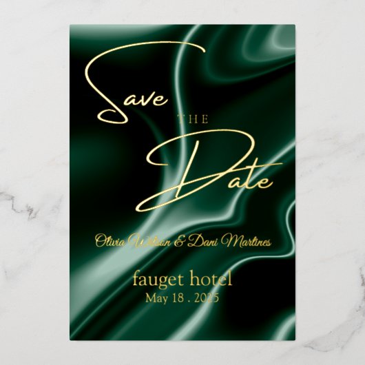 エメラルドグリーンのシルクの背景を保存する 箔招待状 (正面)