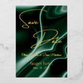 エメラルドグリーンのシルク背景の「Save the Date」 箔招待状 (正面)