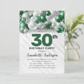 エメラルドグリーンのシルバーバルーン グリッター 30歳の誕生日 招待状 (スタンド正面)