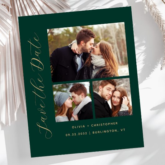 エメラルドグリーンのシンプルなデザインのSave the Dateカード - 3枚の写真を飾れる