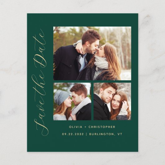 エメラルドグリーンのシンプルなデザインのSave the Dateカード - 3枚の写真を飾れる (正面)
