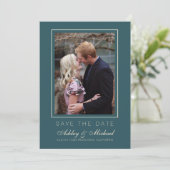 エメラルドグリーンのシンプルなフォトウェディング・セーブ・ザ・デート 招待状 (スタンド正面)