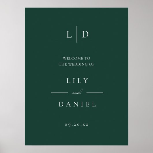 エメラルドグリーンのシンプルなモノグラム結婚式ウェルカムサイン ポスター (正面)