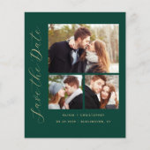 エメラルドグリーンのシンプルな3枚写真コラージュ付結婚式延期案内状 (正面)