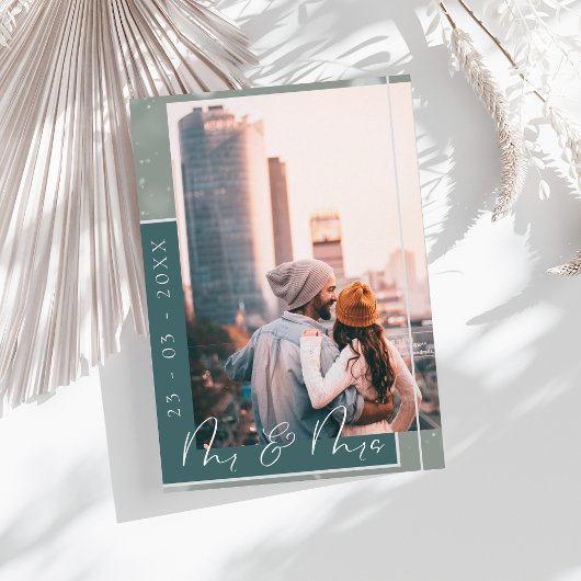 エメラルドグリーンのスクリプト写真Save the Dateカード セーブザデート