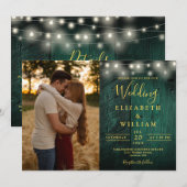 エメラルドグリーンのストリングライト ウェディングフォトの詳細 招待状 (正面/裏面)