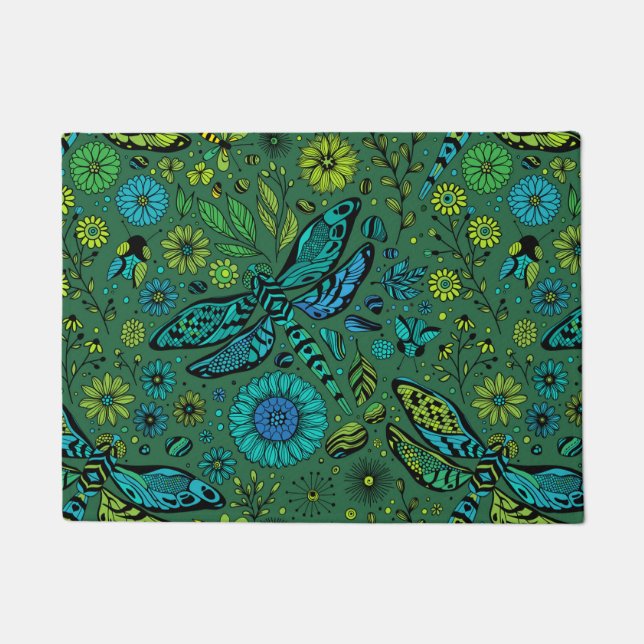 エメラルドグリーンのトンボを飛ぶ ドアマット (正面)