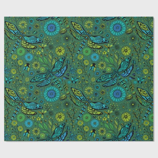 エメラルドグリーンのトンボを飛ぶ ラッピングペーパー (フラット)