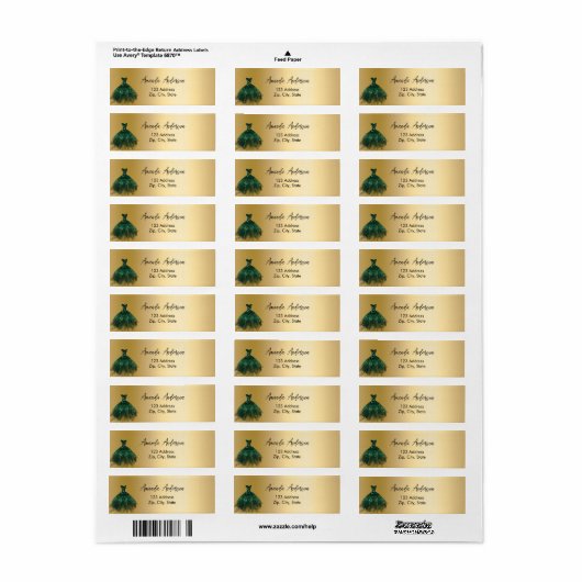 エメラルドグリーンのドレスとゴールドのリターンアドレスラベル ラベル (フルシート)