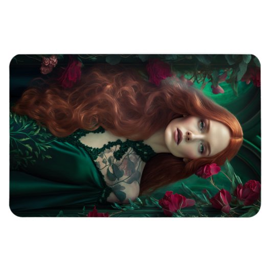 エメラルドグリーンのドレスを着た赤毛の女性。 マグネット (横)