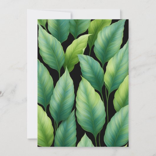 エメラルドグリーンのハミングバードとトロピカルリーフのウェディング セーブザデート (裏面)