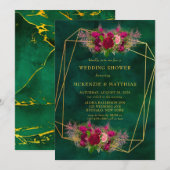 エメラルドグリーンのピンクの芍薬のローズ ウェディングシャワー 招待状 (正面/裏面)