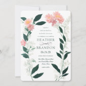 エメラルドグリーンのピンクの花と葉のウェディング 招待状 (正面)