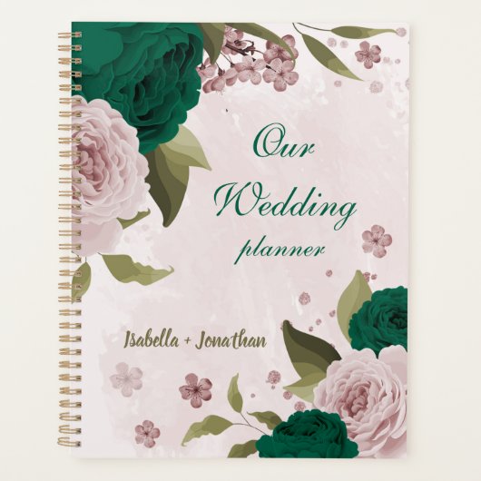 エメラルドグリーンのピンクの花の結婚式 プランナー手帳 (正面)