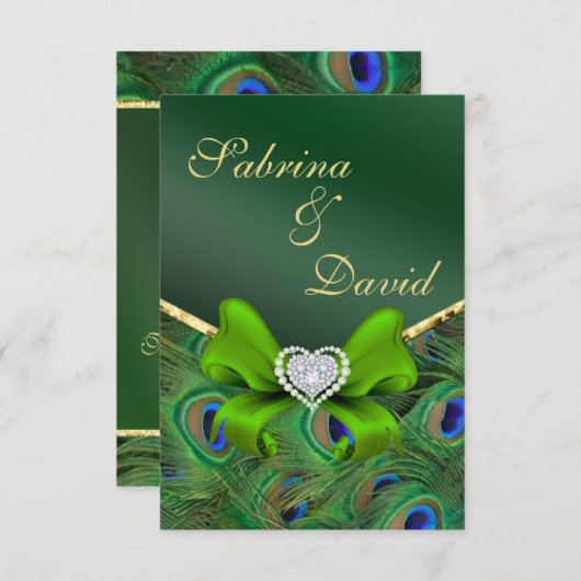 エメラルドグリーンのピーコックの受付カード 招待状 (正面/裏面)